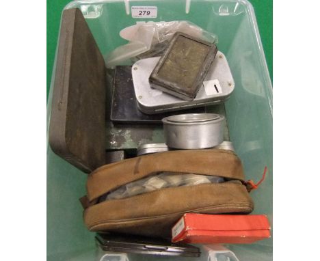 A box containing a large quantity of fishing accessories to include alloy fly tins, metal fly tins and a quantity of vintage 