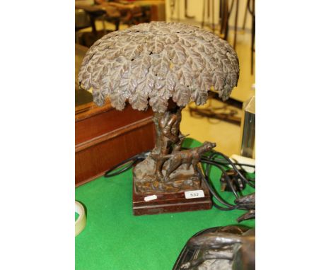 A late 19th / early 20th Century French spelter table lamp as a hunter and dog beneath a tree