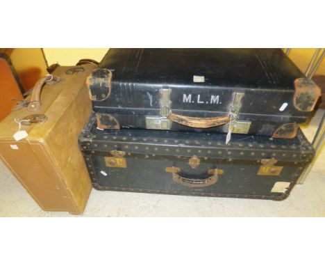 A Revelation Revelex navy blue suitcase, together with a blue trunk with fitted interior and suede covered case bearing label