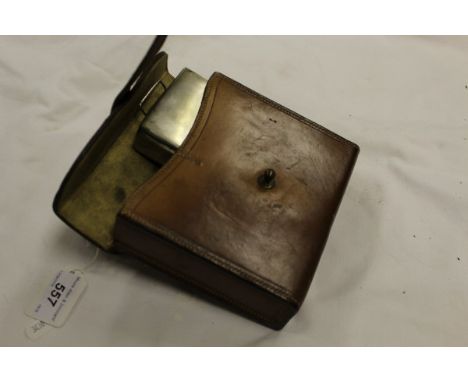 A Swaine & Adeney sandwich tin initialled "AMF", together with a James Dixon & Son flask, housed in a leather case stamped "F