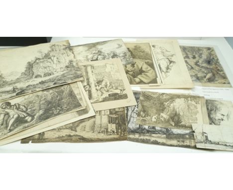 A SMALL COLLECTION OF EARLY ENGRAVINGS, some possibly 16th/17th century - includes; "Two Lovers in a Wood", an etching by a c