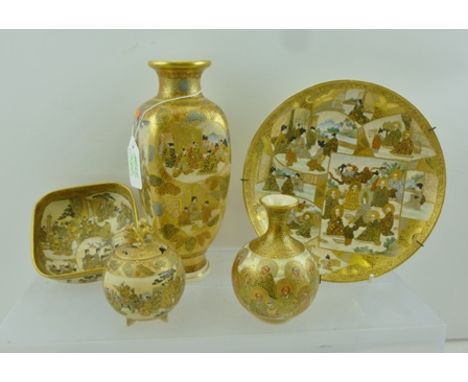 FIVE PIECES OF JAPANESE SATSUMA CERAMIC WARES, each richly gilded and painted with wise men and courtly figures, includes a d