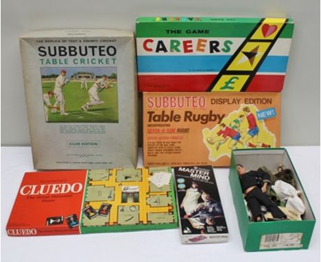 A SELECTION OF TOYS & GAMES including; 1960's Actionman and clothing, 1960's Subbuteo Table Rugby 7 a'side (one ball), Subbut