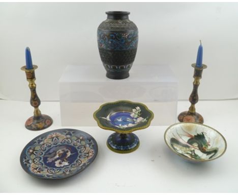 A 20TH CENTURY CHAMPLEVE JAPANESE VASE, a PAIR OF CHAMPLEVE CANDLESTICKS, together with a COLLECTION OF CLOISONNE WARES, incl