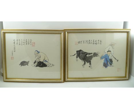 TWO 20TH CENTURY CHINESE CALLIGRAPHIC WATERCOLOUR PAINTINGS, one depicts Lao Tzu with buffalo, red seal marks, both framed, t