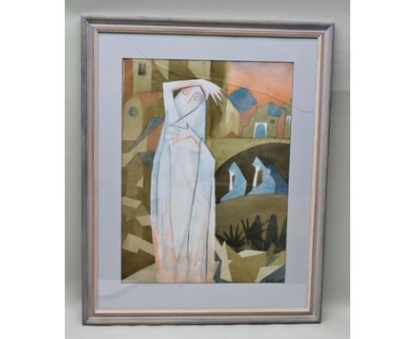 DOROTHY MORTON "Lott's Wife", a mixed media composition of a stylised female, initialled and dated '95, 69cm x 52cm in plain 