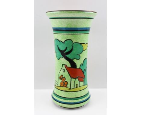 A CLARICE CLIFF "BIZARRE", "CAFE-AU-LAIT", "RED ROOFS", HANDPAINTED CERAMIC VASE of flared rim form, mottled green ground,, f