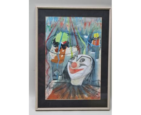 DOROTHY MORTON A mixed media study of clown like figures, unsigned, 52cm x 35cm plain mounted in slender wooden frame 