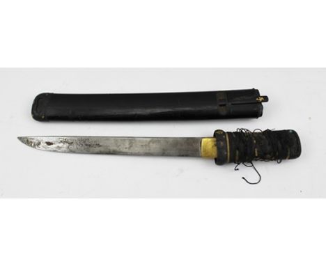 A MEIJI PERIOD JAPANESE TANTO (short sword), the black lacquer scabbard containing a Kogatana (knife) to one side and chopsti