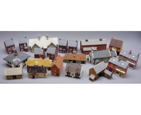 Twenty Hornby Skaledale trackside buildings including church, shops, thatched cottages, Country Garage, Hislop's Gents Hairdr