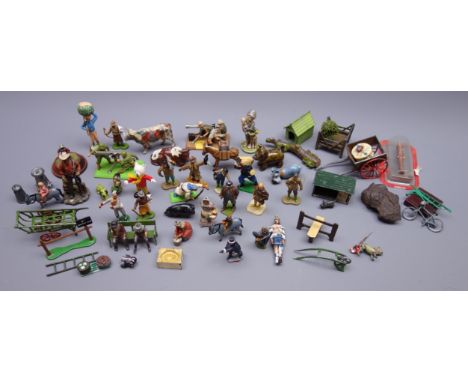 Quantity of die-cast, plastic and ceramic figures by Britains etc including farm animals and equipment, soldiers, Rupert Bear