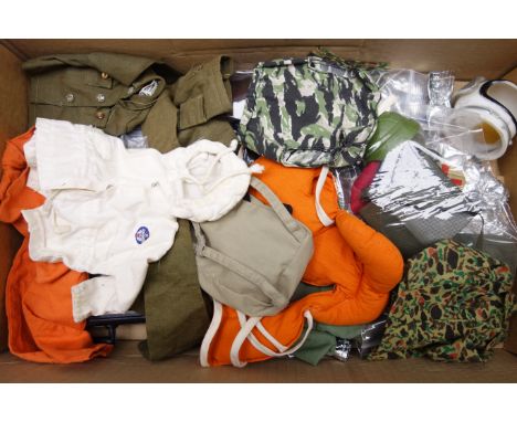 Action Man - quantity of clothing, hats and boots including space suit, weapons and weapon cases, life jacket etc Condition R