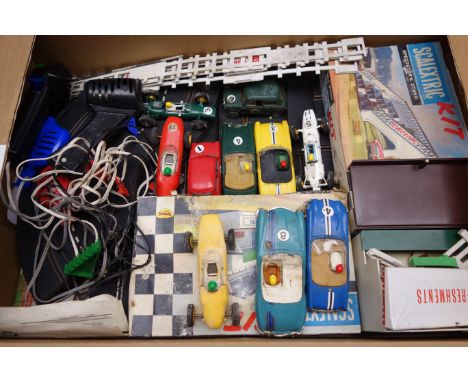 Scalextric - ten various cars including racing and rally cars and Mini Coopers, boxed Spectators and Owners stands, controlle