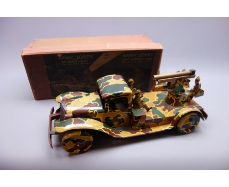 Wells Brimtoy battery operated tin-plate model of an Army Lorry with Anti-Aircraft gun, all over camouflage finish with drive