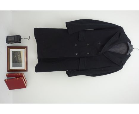 Train driver's black overcoat of double breasted form with six BR buttons, BR(E) black painted hand lamp with kerosene burner