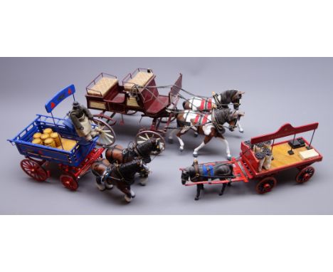 Three metal models of horse drawn vehicles by R. Blenkney of Darlington comprising Bass Brewery dray cart with driver, Charri