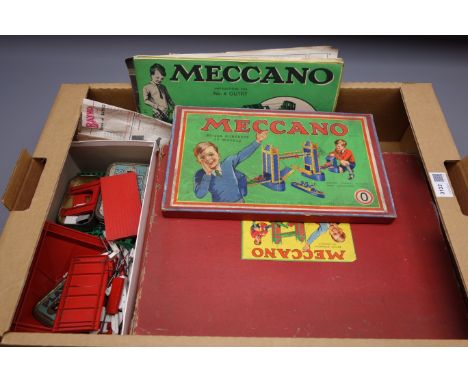 Meccano - No.6 Set box containing large quantity of predominantly red and green sections, rods, pulley wheels, cogs, nuts & b