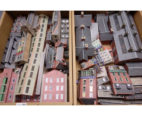 '00' gauge - quantity of kit-built cardboard trackside buildings, including engine shed, station, shops, houses, factories, c