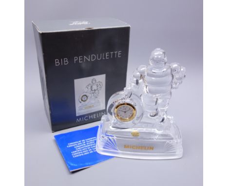 Michelin tyre interest - Cristal D'Arques clear glass Bibendum desk clock given to a member of staff as a thirty year long se