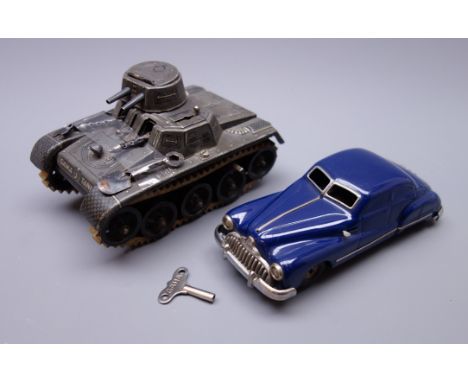 Schuco Gama-Patent 100 D.R.P.a. clockwork tin-plate car in blue with key and Gama clockwork tin-plate 65 tank with original t