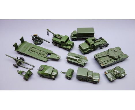 Dinky -  ten military vehicles comprising Thornycroft Mighty Antar Tank Transporter No.660, Centurion Tank No.651, Recovery T