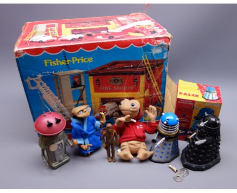 Fisher Price Fire Station, boxed with additional Fire Engine, Cadbury's Smash Martian figure, two Dalek figures (one boxed), 