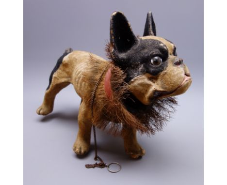 Early 20th century French papier-mache barking bulldog automaton, probably by Roullet and Decamps, flock covered in cream and