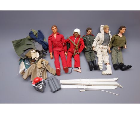 Six Million Dollar Man toy figure with plastic engine, four various Action Man figures and quantity of clothing, weapons etc,