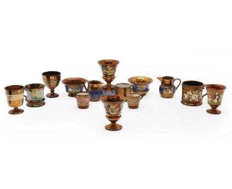 A collection of copper lustre ware, late 19th to early 20th century, comprising, a mug decorated with blue enamel and moulded