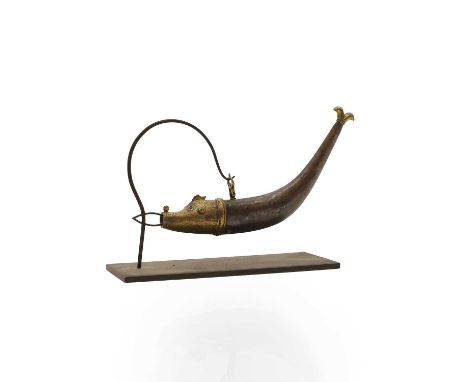 A parcel gilt steel and silver powder flask, late 18th century, Indian, in the form of a fish, with parcel gilt steel, the bo