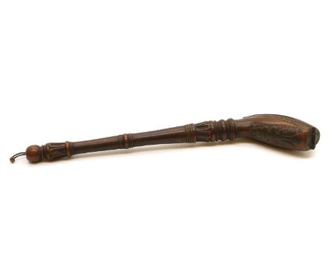 A turned fruitwood combination pipe case, 18th century, Dutch, fitted with brass combination dial lock, and dated 1744,28cm l