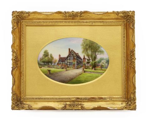Harry Davis (1885-1970) for Royal Worcester 'Huddington Court, Worcestershire', a painted plaque, c.1930, oval, signed 'H Dav