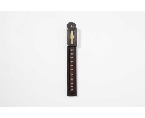 A rosewood stick clock,  19th century, Japanese, with a detachable glazed hood to the top and silvered adjustable characters 