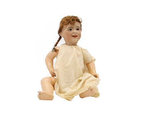 A 'Laughing Jumeau' bisque head doll with brown glass sleeping eyes, partly open mouth, articulated composite body and brown 