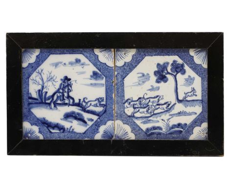 A double tile panel,  mid 18th century, with octagonal panels depicting a hunt,  each 12.8 x 13cm approx, framed 29.5 x 16.5c