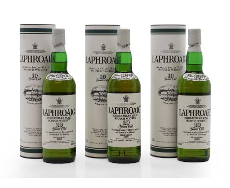 Three bottles of Laphroaig 10 years old, Single Islay Malt Malt Scotch Whisky, 40% vol., 70cl (3)Please note we cannot guaran
