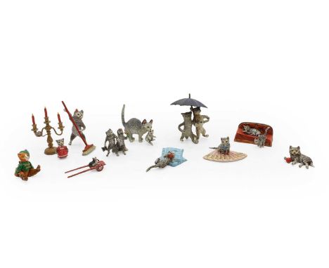 A collection of painted bronze minature figures, second half of the 20th century, of novelty cats, the majority of them being