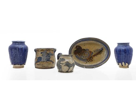 A collection of studio pottery, comprising a jug and planter, with Classical style Antique scenes, signed 'DH', 11cm and 12.5