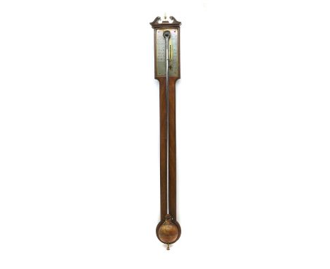A George III mahogany stick barometer, the silvered register engraved 'Adams Fleet Strt, with a detached open swan neck pedim