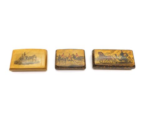 Three sycamore Mauchline ware snuff boxes, 19th century, each with higed lids, and transfer printed with horse and traps and 