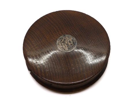 A 1829 York Minster commemorative oak snuff box, dated 1829, centred with a silvered panel, engraved 'Made on the Ruins of Yo