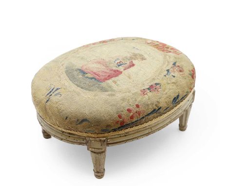 A Louis XVI painted beech footstool, 18th century, oval form, with petit point needlework covering,42cm wide35cm deep21cm hig