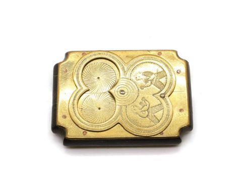 An unusual brass and wood snuff box, 19th century, engraved with boxers, with a central pinned revolving cover, the base engr