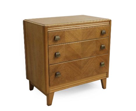 A small oak chest of drawers with brass handles,  c.1940 by Harris Lebus, London with Harris Lebus plaque on the inside of th