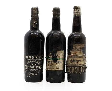 A selection of fortified wines, including Fonseca, Vintage Port, 1972, Scholtz Hermanos, Solera 1895 and a bottle of 1960s Vi