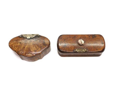 Two burr wood snuff boxes, 19th century, one of shaped form, the other rectangular, with silvered and brass hinge or thumbpie