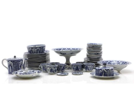 A part service of Oriental blue and white porcelain, 20th century, transfer printed, to include cake stand, 15cm high, a teap