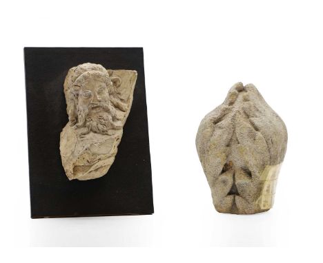 A stone finial, probably medieval, with old illegible label verso13cm high together with a Roman style terracotta fragment of