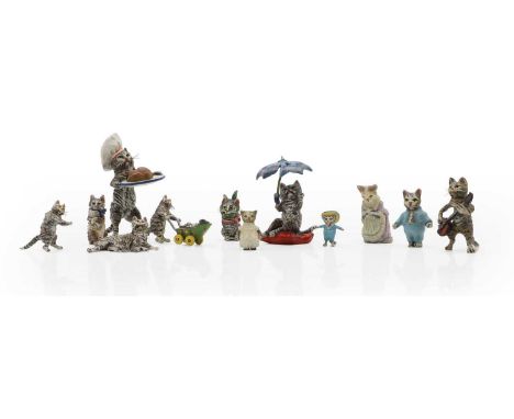 A collection of painted bronze minature figures, second half of the 20th century, of novelty cats, the majority of them being