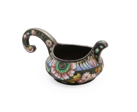 A Russian silver and cloisonne enamel kovsh early 20th century, of typical form, enamelled with floral decoration,7.7cm long4